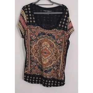 Lucky Brand Blue Persian Carpet Themed Blouse Short Sleeve Women's Size 1X